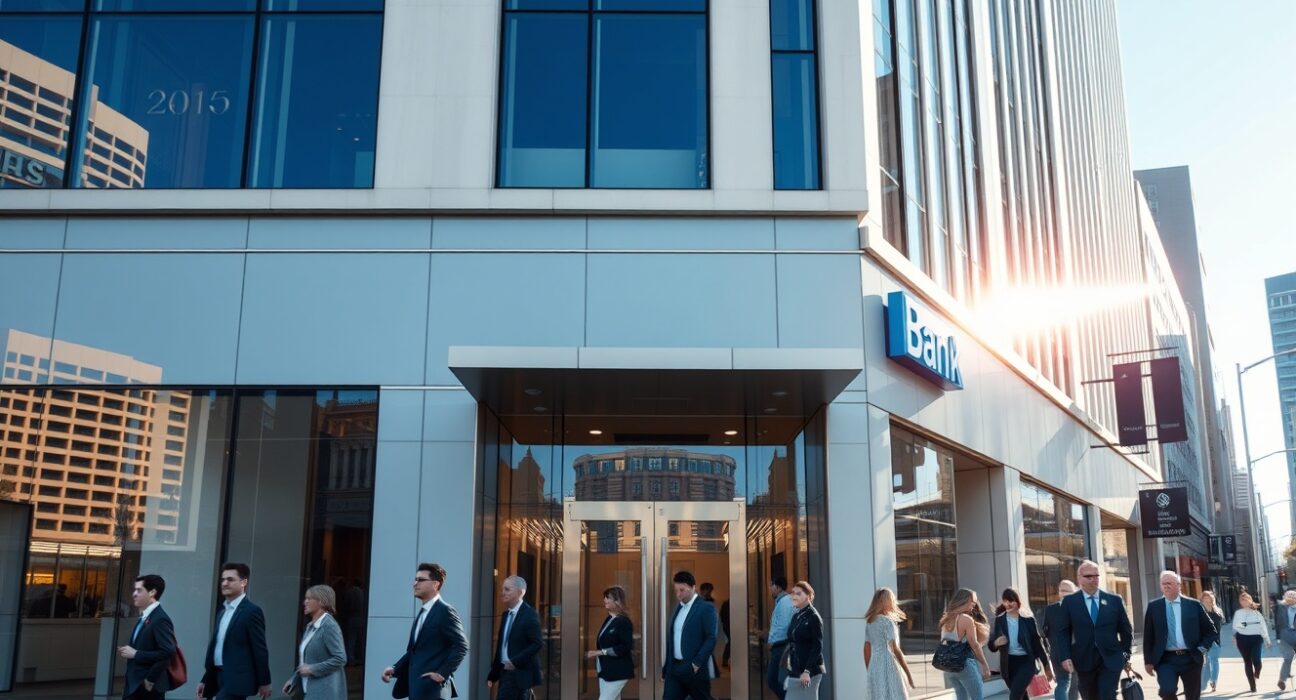 Modern bank building in Sydney CBD with businesspeople walking nearby, representing Australian lending growth