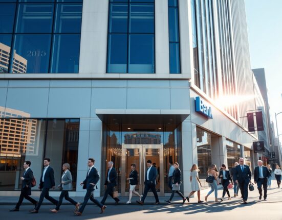 Modern bank building in Sydney CBD with businesspeople walking nearby, representing Australian lending growth