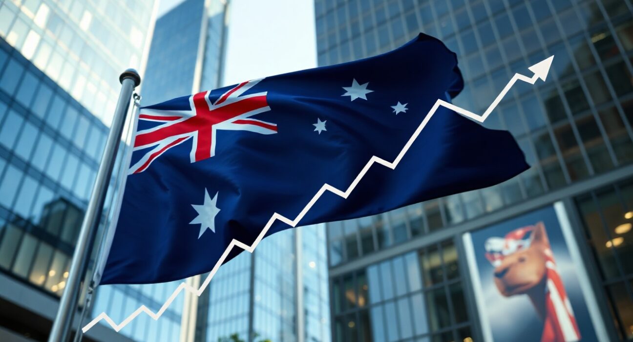 Australian flag and financial district skyline representing producer price inflation data
