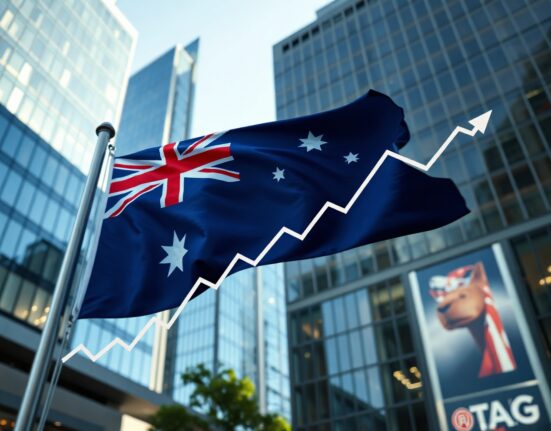 Australian flag and financial district skyline representing producer price inflation data