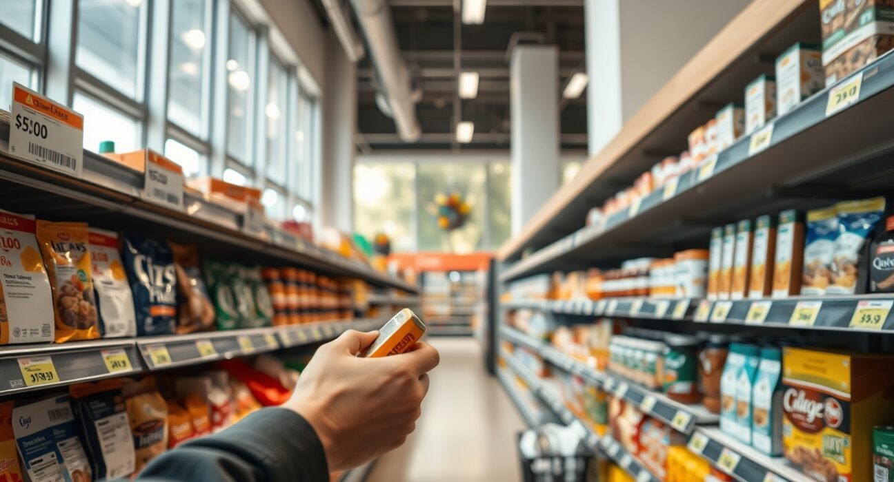 Shopper examining price tags in an Australian supermarket aisle, representing inflation and consumer price index data.