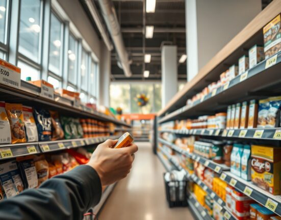 Shopper examining price tags in an Australian supermarket aisle, representing inflation and consumer price index data.