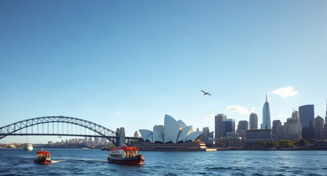 Sydney Opera House and Harbour Bridge on a clear day, symbolizing Australia's economic growth.
