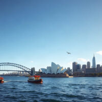 Sydney Opera House and Harbour Bridge on a clear day, symbolizing Australia's economic growth.