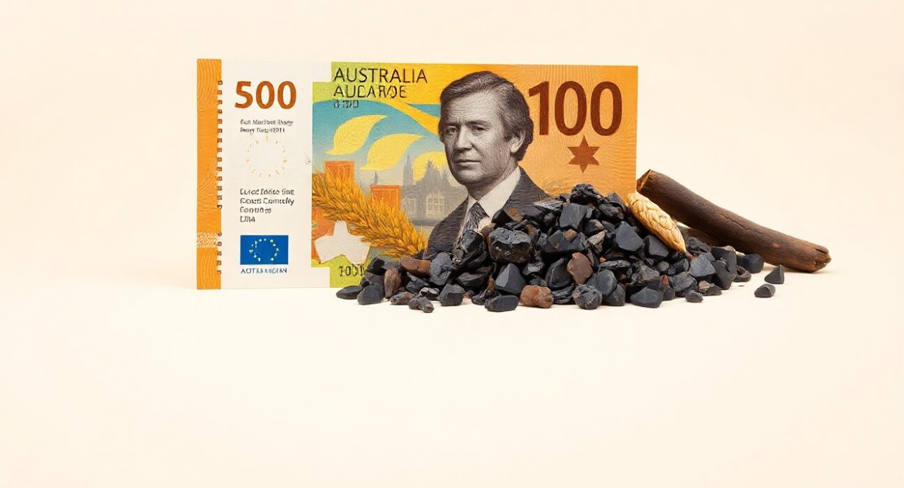 Australian dollar banknotes and raw commodity materials like iron ore and wheat on a neutral background
