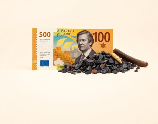 Australian dollar banknotes and raw commodity materials like iron ore and wheat on a neutral background