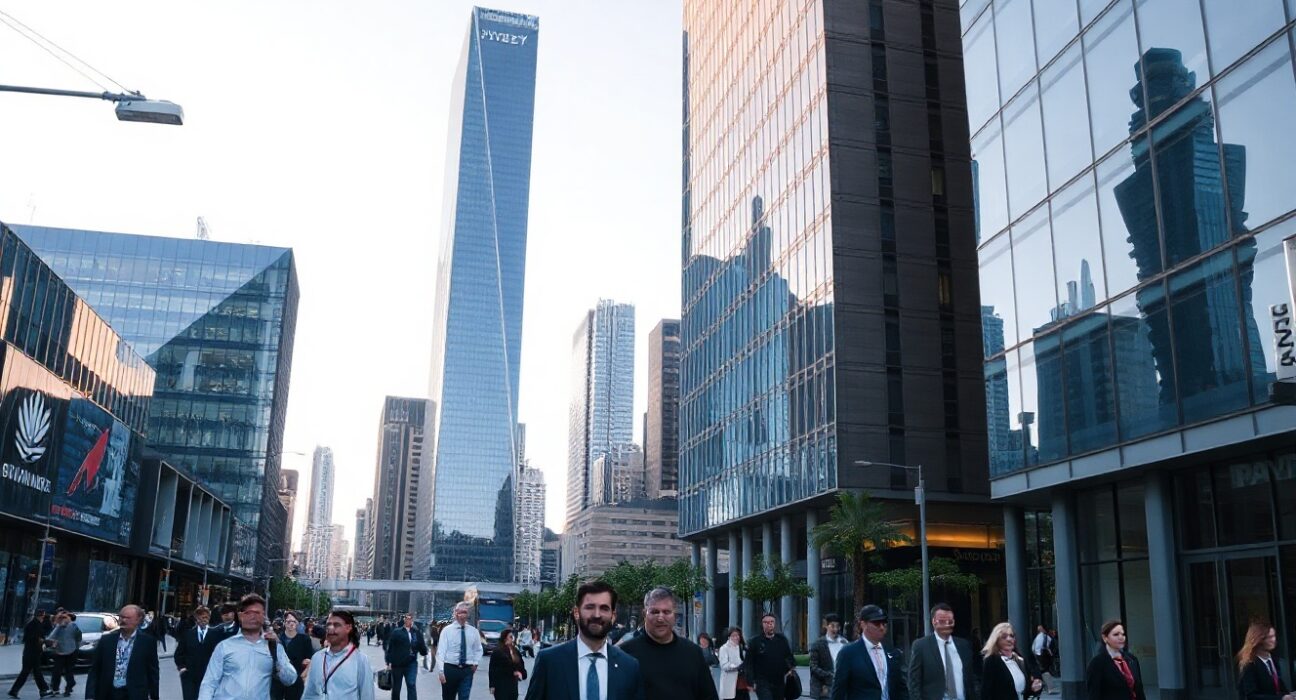 Business district in an Australian city with modern office towers under a clear sky