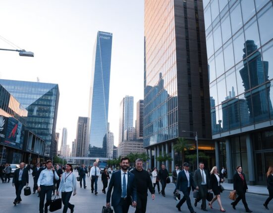 Business district in an Australian city with modern office towers under a clear sky