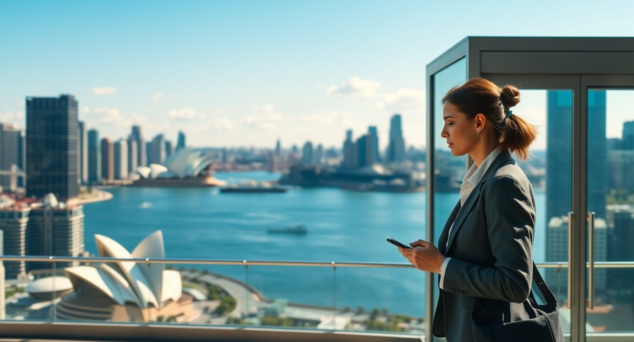 Sydney CBD skyline on a sunny day with a businesswoman walking past an office building, representing Australia's services sector performance.
