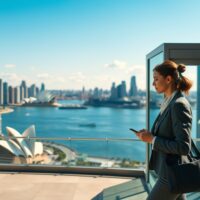 Sydney CBD skyline on a sunny day with a businesswoman walking past an office building, representing Australia's services sector performance.