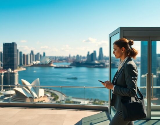 Sydney CBD skyline on a sunny day with a businesswoman walking past an office building, representing Australia's services sector performance.