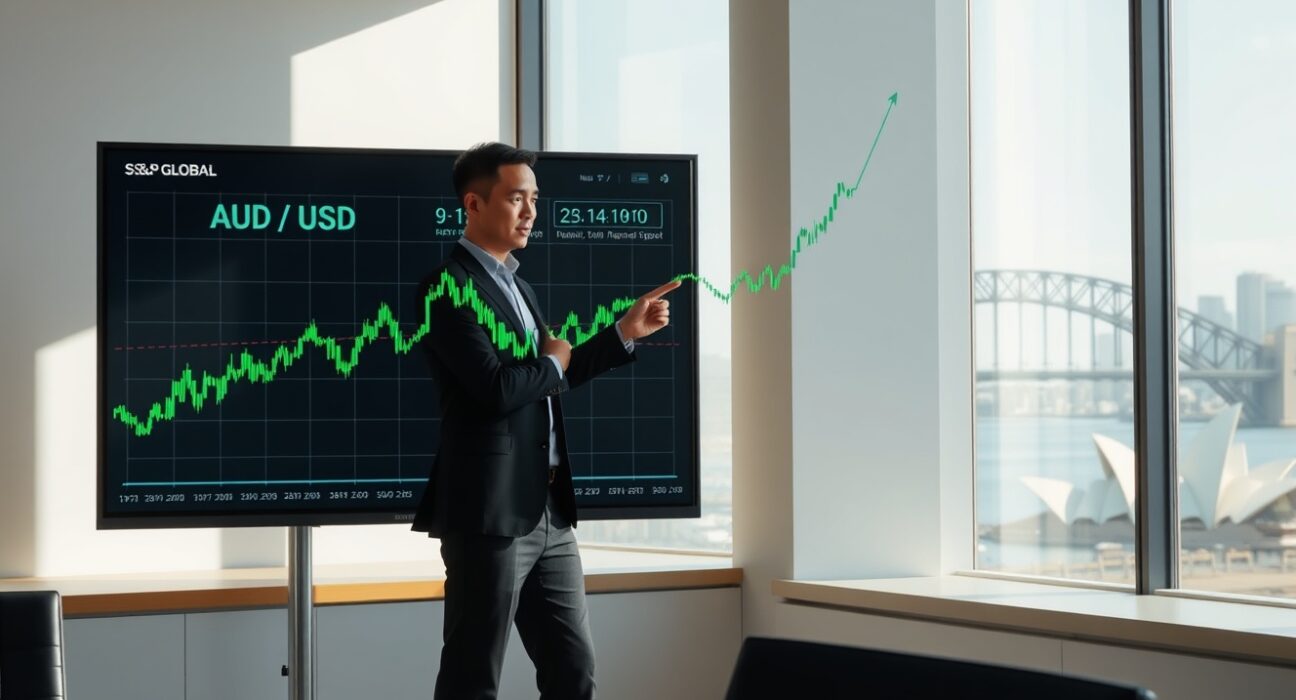 Financial analyst in Sydney office pointing at AUD/USD chart with Services PMI data on screen
