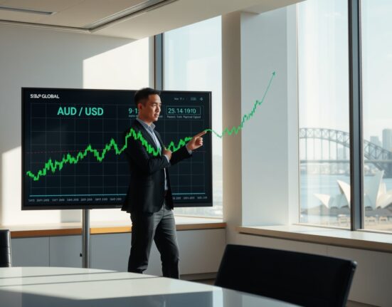 Financial analyst in Sydney office pointing at AUD/USD chart with Services PMI data on screen