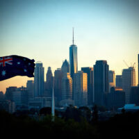 Melbourne skyline at dusk, representing Australia's economic activity and inflation trends