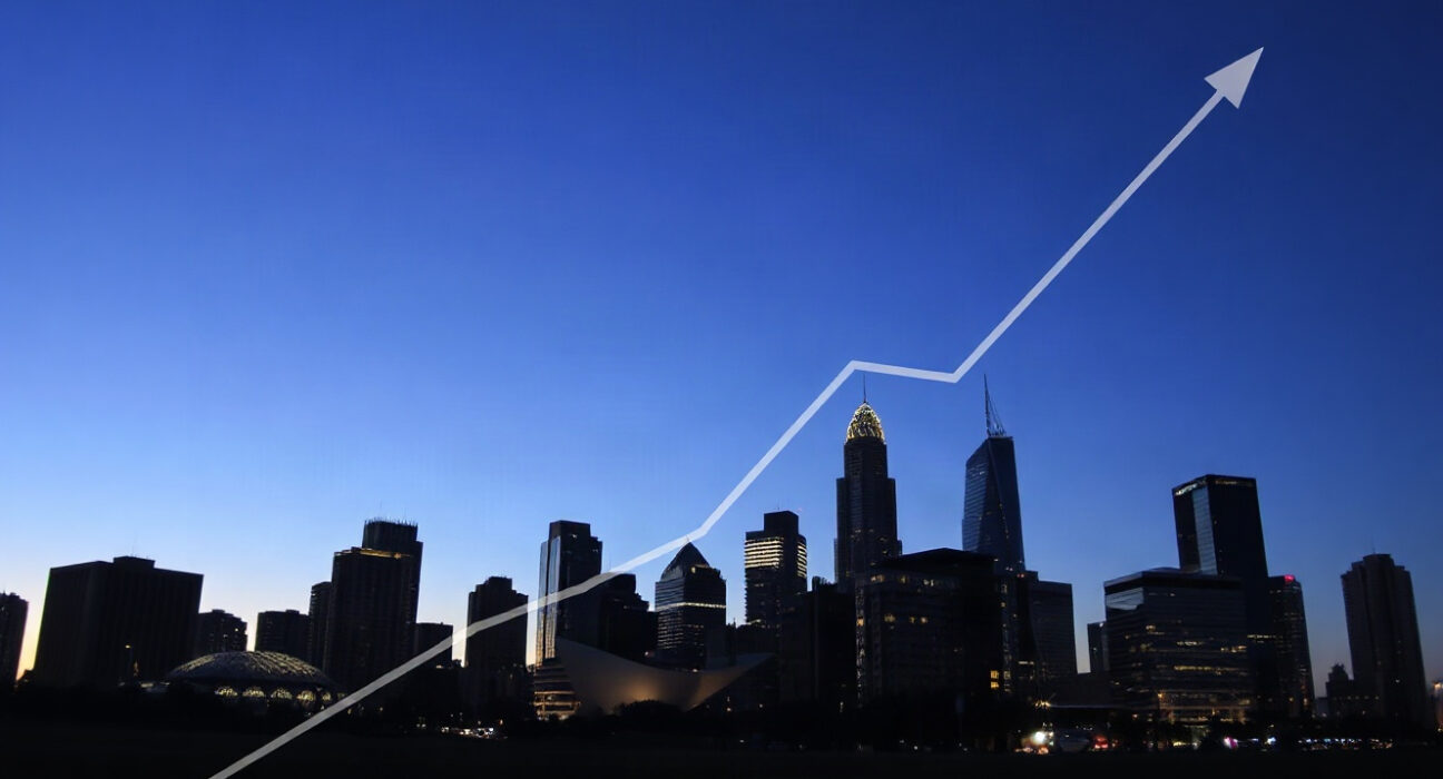 Melbourne skyline at dusk with an upward-trending graph line overlay symbolizing rising inflation in Australia.