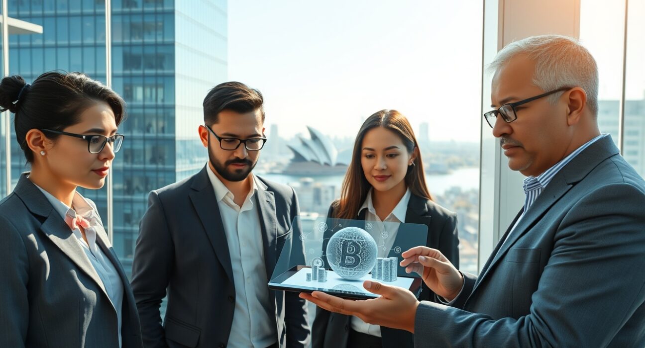 Professionals analyzing Australia's tokenization market potential with blockchain visualization in Sydney financial district.