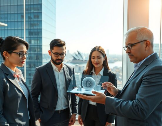 Professionals analyzing Australia's tokenization market potential with blockchain visualization in Sydney financial district.