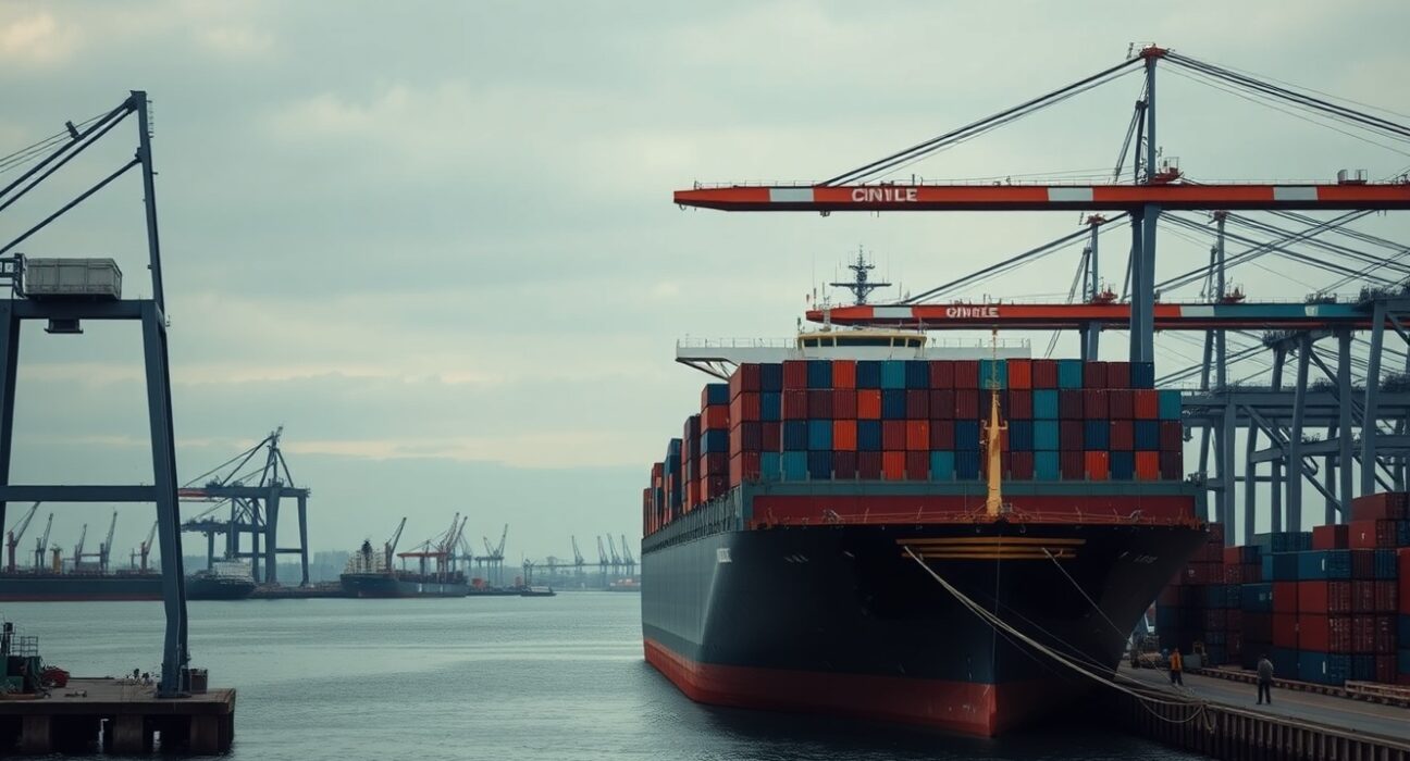 Busy Australian container port with cargo ships and cranes at dawn, representing trade activity