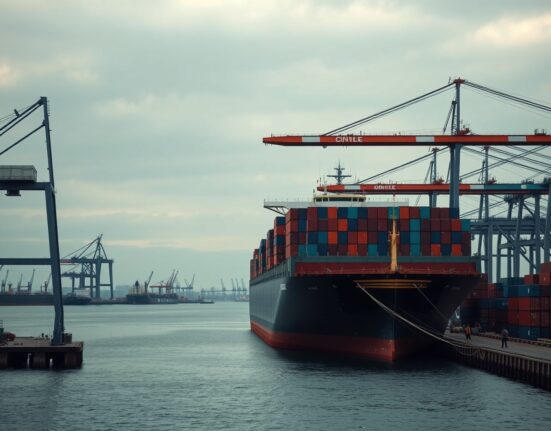Busy Australian container port with cargo ships and cranes at dawn, representing trade activity