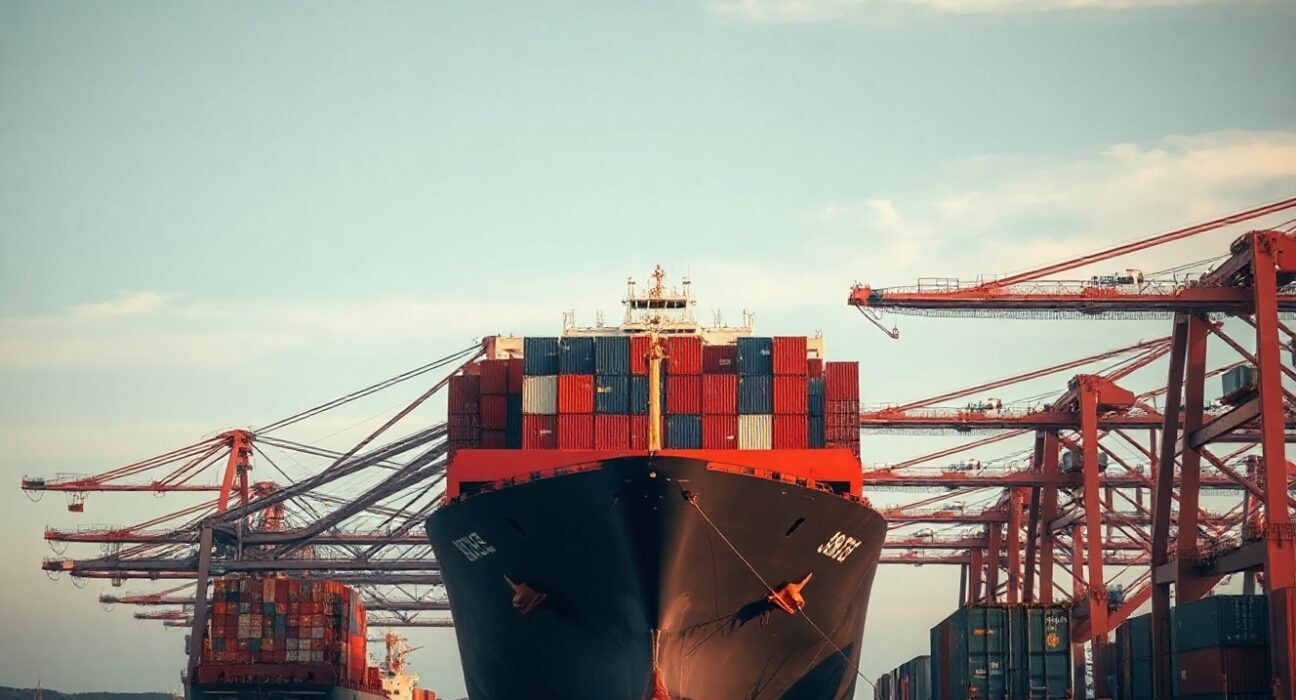 Large cargo ship at an Australian port under overcast sky, representing trade balance data.
