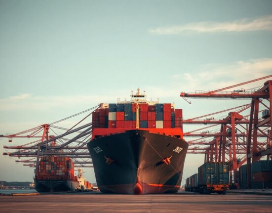 Large cargo ship at an Australian port under overcast sky, representing trade balance data.