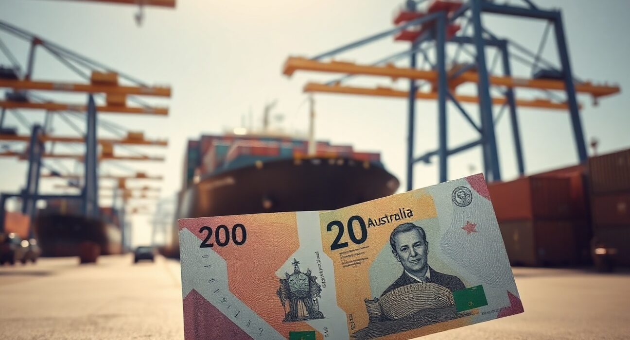 Australian dollar bills and cargo ship at a port, representing trade surplus