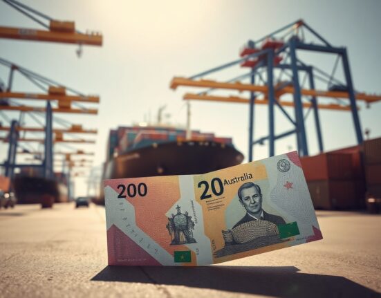 Australian dollar bills and cargo ship at a port, representing trade surplus