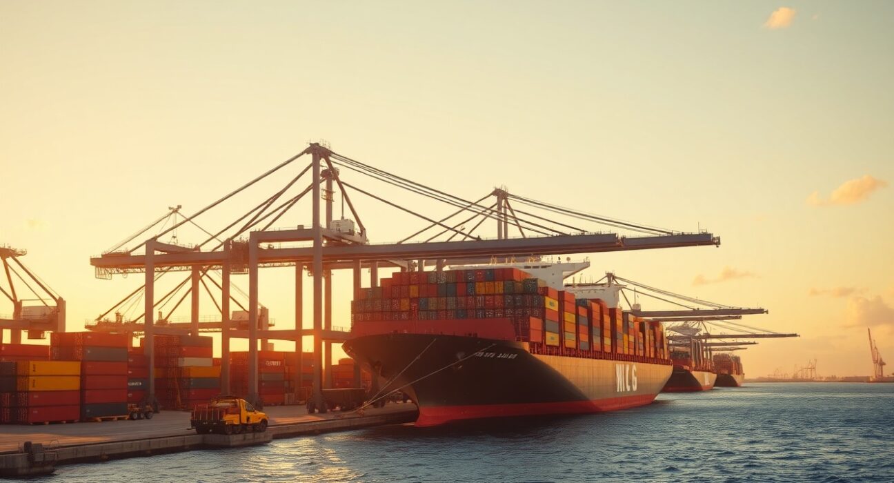 Container port in Australia at dawn with cargo cranes and a large ship.