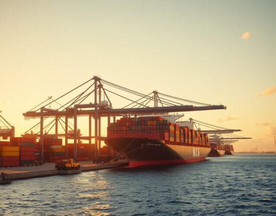 Container port in Australia at dawn with cargo cranes and a large ship.