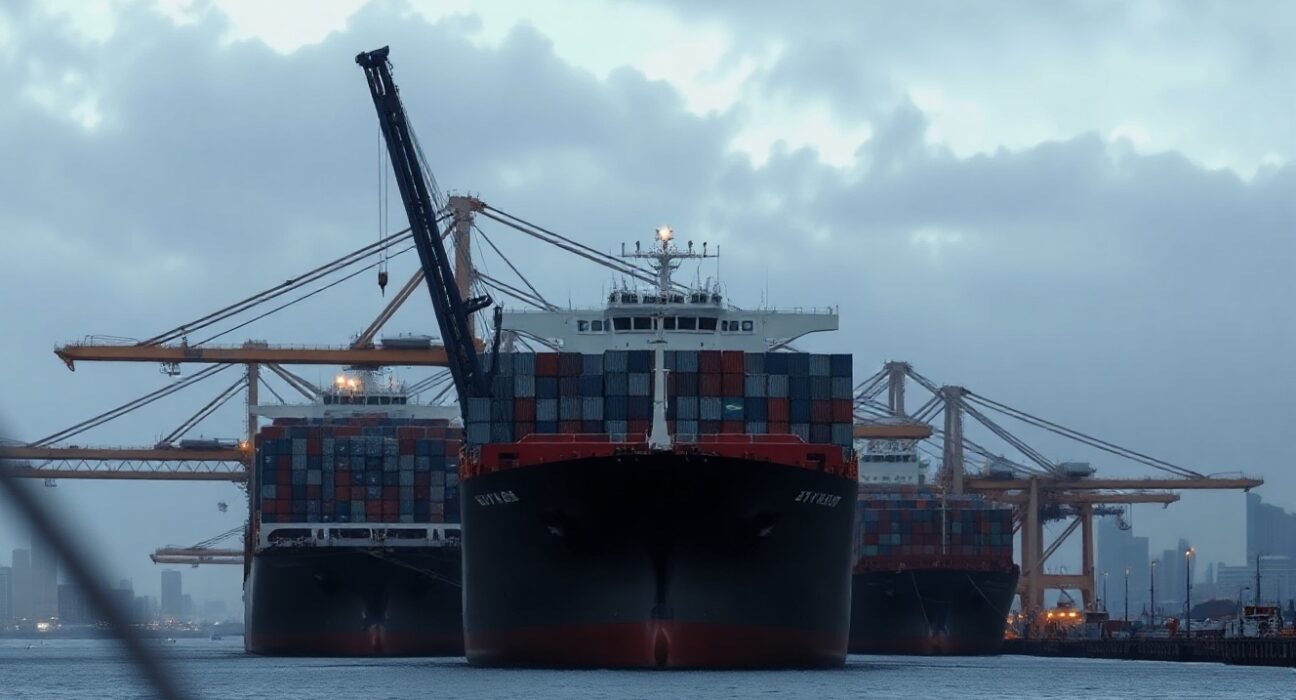 Container ships at the Port of Sydney under overcast skies, representing Australia's trade balance miss in May.