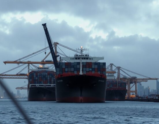 Container ships at the Port of Sydney under overcast skies, representing Australia's trade balance miss in May.
