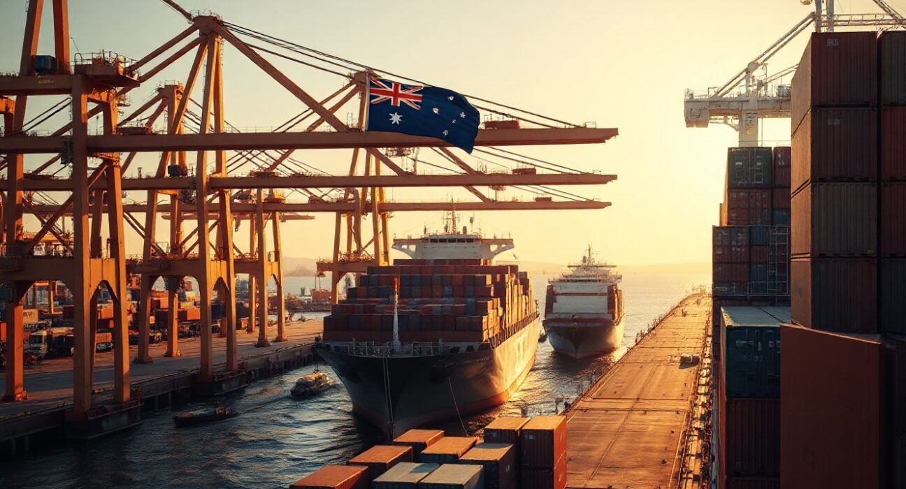 Busy Australian shipping port with container ships at sunset, representing international trade activity