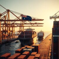 Busy Australian shipping port with container ships at sunset, representing international trade activity
