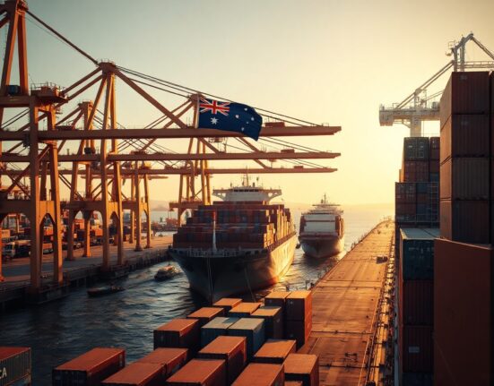 Busy Australian shipping port with container ships at sunset, representing international trade activity