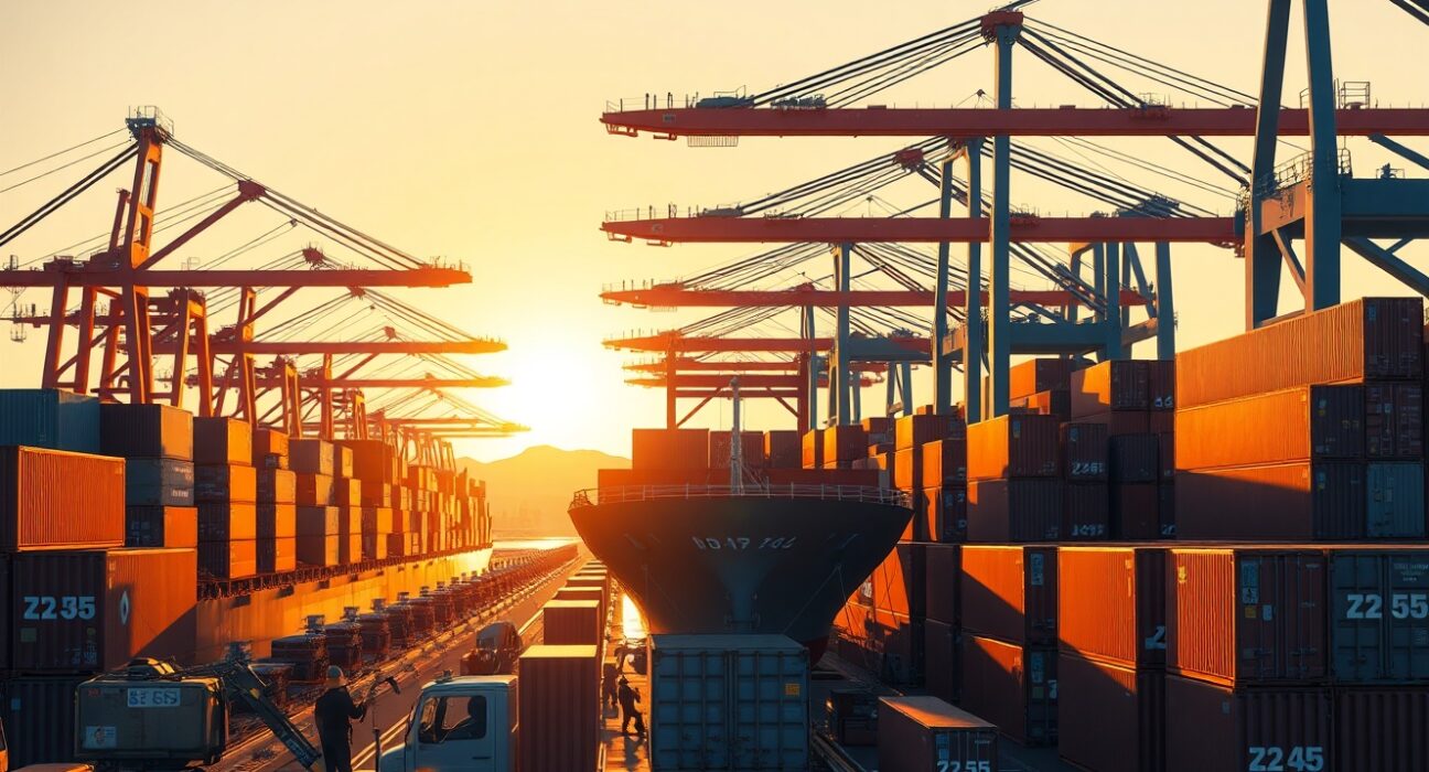 Australia's trade surplus growth reflected in busy port export activity and container shipping operations.