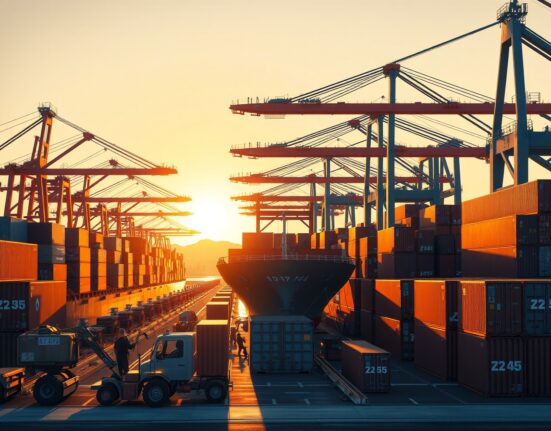 Australia's trade surplus growth reflected in busy port export activity and container shipping operations.