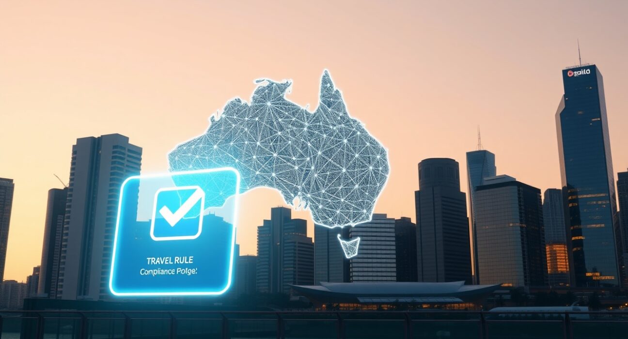 Australia Travel Rule compliance checklist overlaid on Sydney skyline representing new crypto regulation