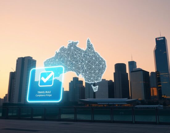 Australia Travel Rule compliance checklist overlaid on Sydney skyline representing new crypto regulation