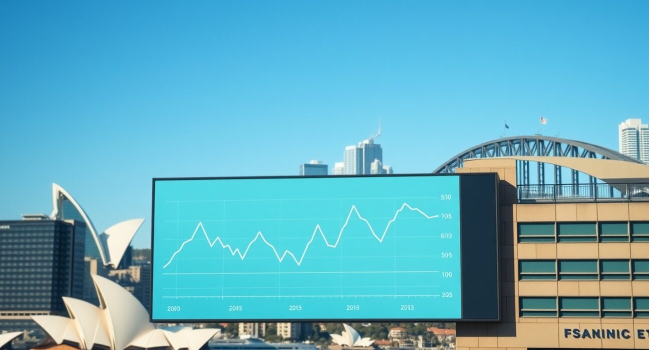 Sydney financial district with a digital display showing economic data and a trend graph.