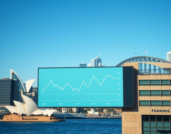 Sydney financial district with a digital display showing economic data and a trend graph.