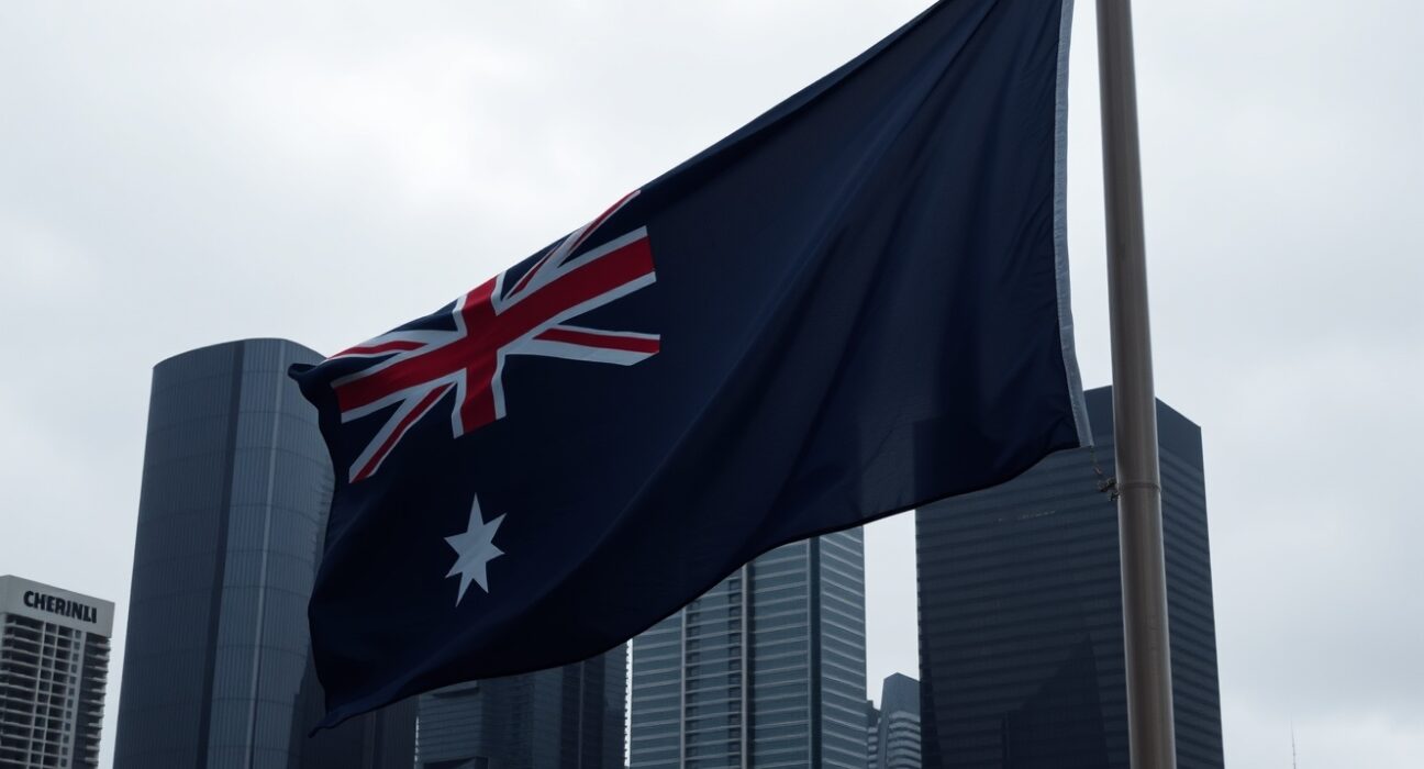 Australian flag flying over city skyline on overcast day, representing economic uncertainty