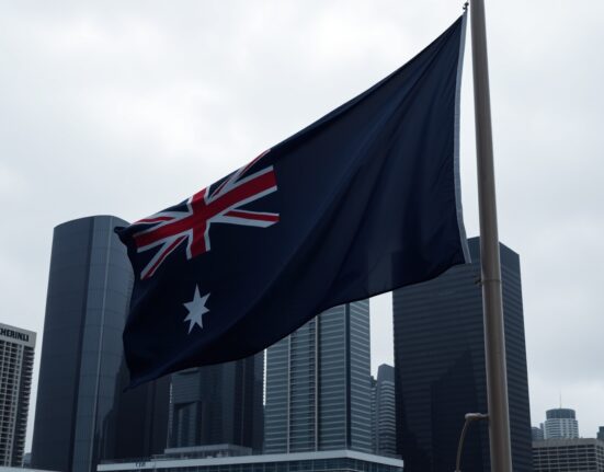 Australian flag flying over city skyline on overcast day, representing economic uncertainty