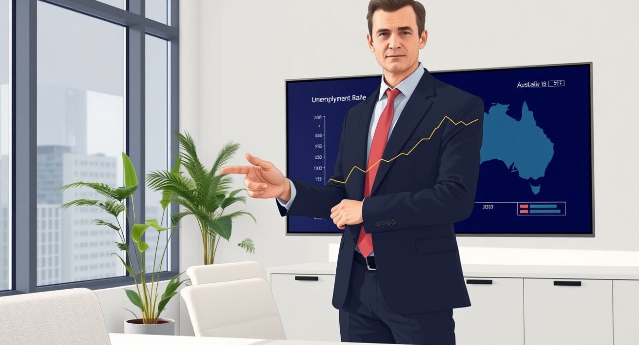 Analyst discusses the rising Australia unemployment rate shown on a data chart.