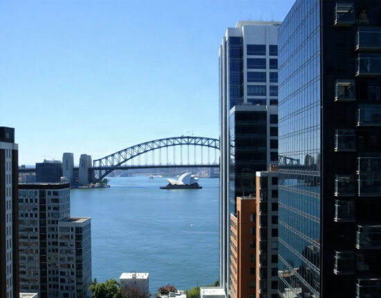 Sydney skyline with Harbour Bridge and Opera House under clear blue sky, representing Australia's economic landscape.