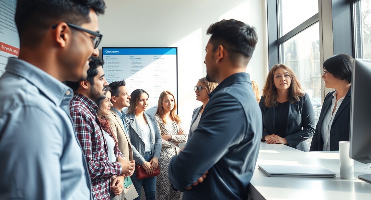 Job seekers at a modern employment center in an Australian city reviewing job listings on a digital board