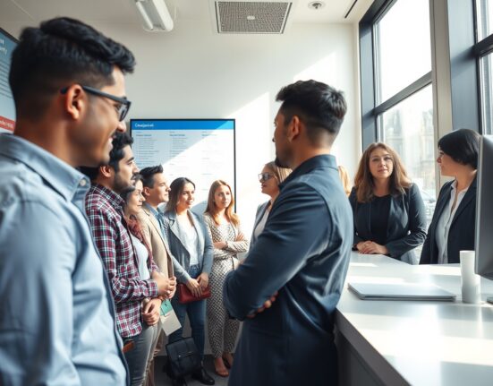 Job seekers at a modern employment center in an Australian city reviewing job listings on a digital board