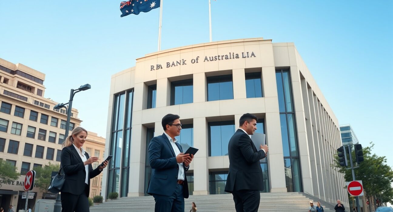 Reserve Bank of Australia building with workers discussing economic data and Australia's unemployment rate