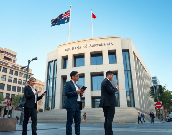Reserve Bank of Australia building with workers discussing economic data and Australia's unemployment rate