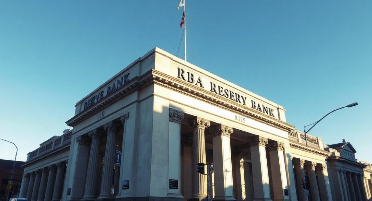 Reserve Bank of Australia building in Sydney on a sunny day, representing economic policy and financial markets.