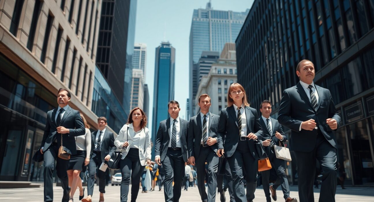 Professionals walking in a Sydney business district, reflecting steady Australian labor market conditions in June.